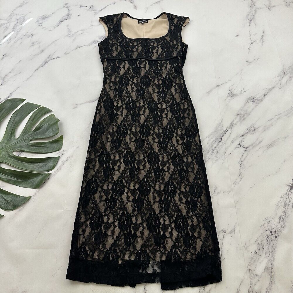 Wet Seal Womens Vintage Y2k Lace Slip Sheath Dress Size M Black Cap Sleeve